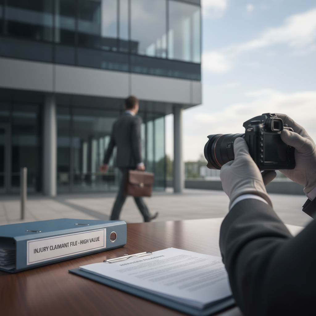 Private investigator discreetly observing a claimant's activities from a vehicle, with a clipboard and camera ready.