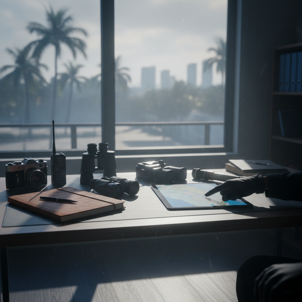 A private investigator's notebook and pen on a desk, with a blurred map of Fort Lauderdale in the background.