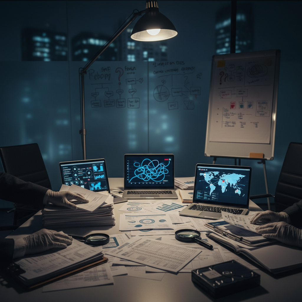 A professional investigator reviewing complex financial transaction charts for asset red flags.