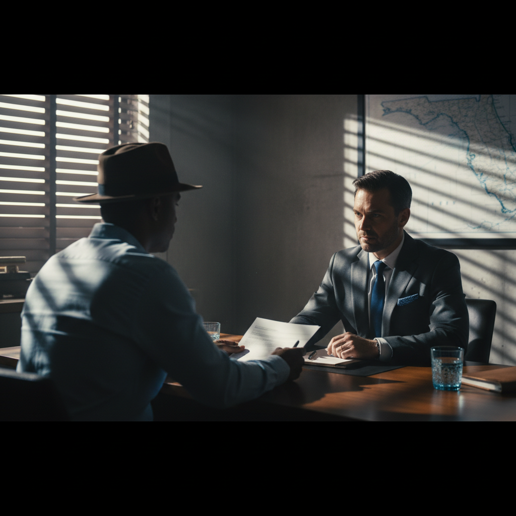A professional private investigator reviewing a case file in a discreet office setting, representing due diligence.