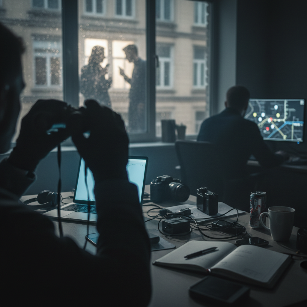 A professional investigator conducting surveillance to gather evidence of infidelity.