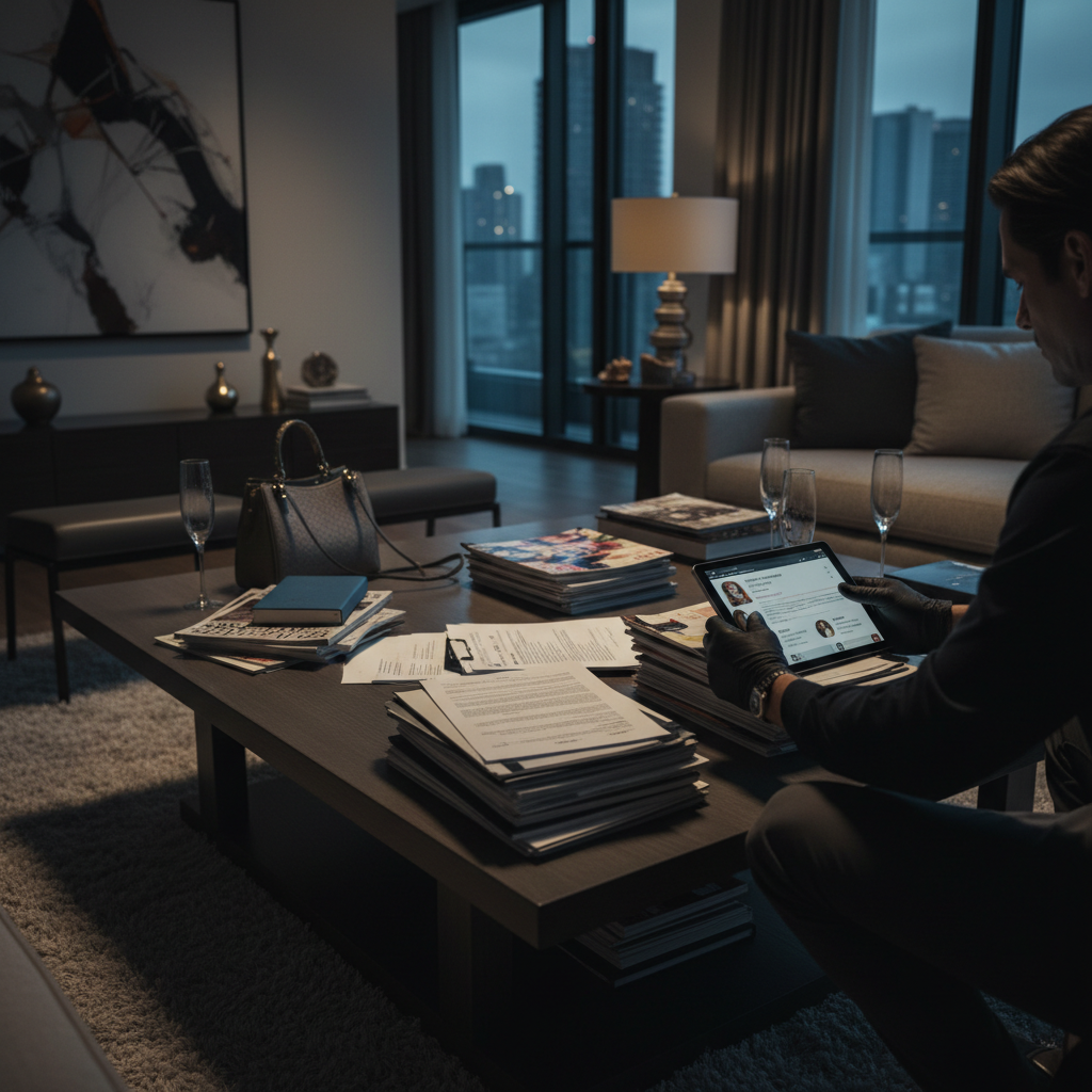 A magnifying glass over financial documents, symbolizing an investigation into lifestyle fraud in alimony and support cases.