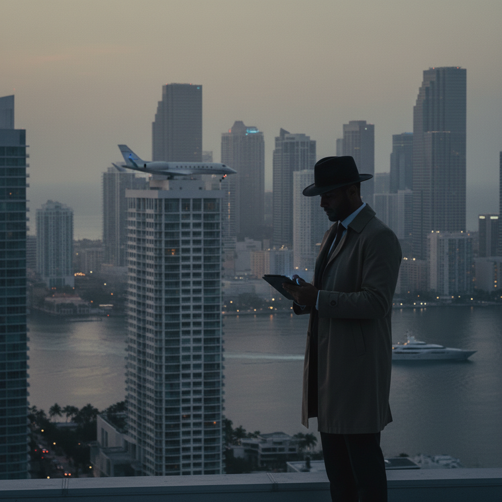 Miami skyline with a magnifying glass overlay, symbolizing private investigation services in the city.