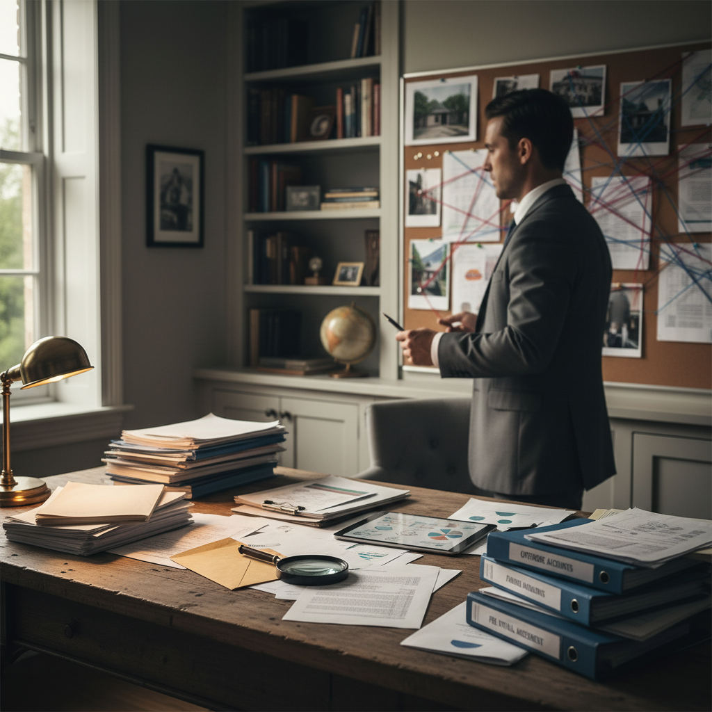Magnifying glass over complex financial documents and trust agreements, symbolizing asset investigation in divorce.