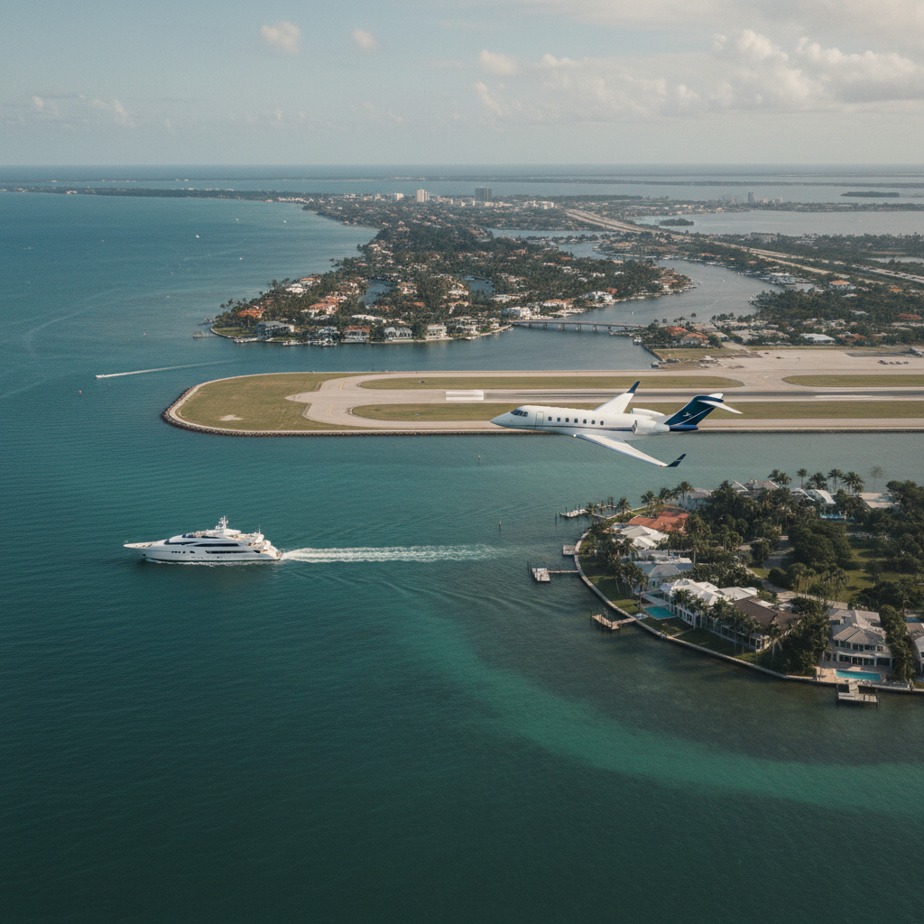 Luxury yacht docked in a South Florida marina with a private jet in the background, symbolizing high-net-worth asset tracing